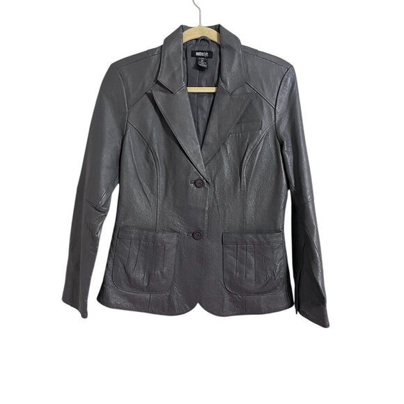 Vintage Leather Jacket Gray 8P Neutral Blazer Tailored Classic Chic Western 80s - Picture 1 of 14